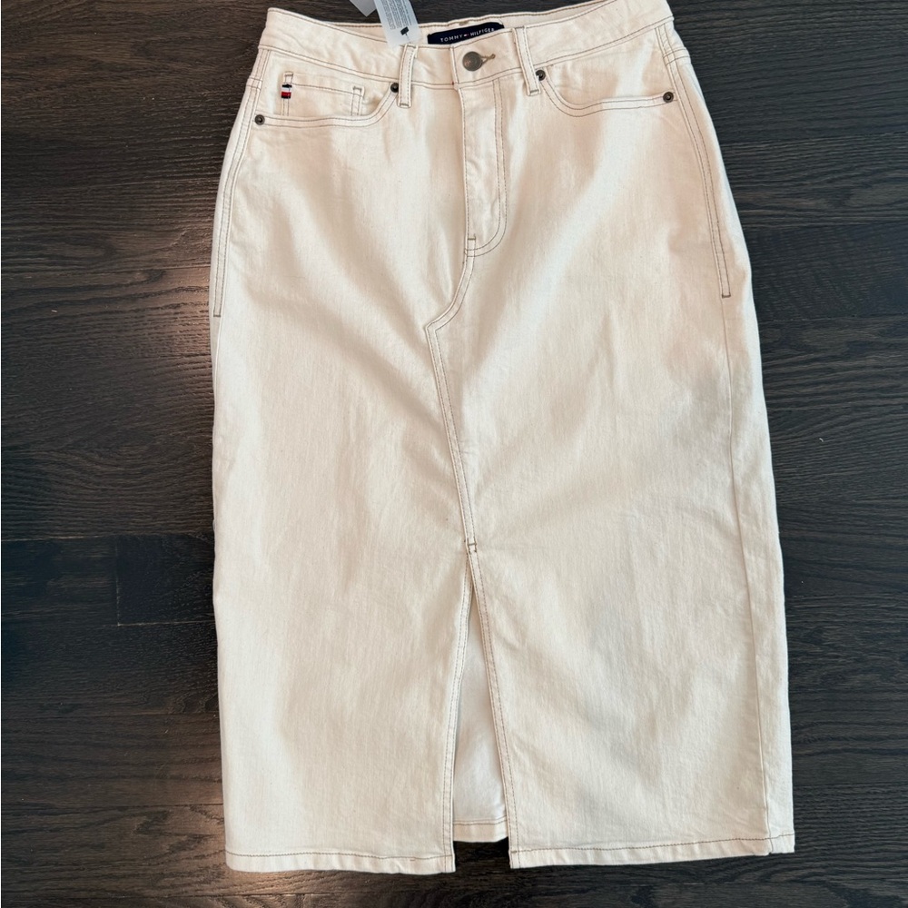 Tommy Hilfiger Off-White Denim Midi Skirt with Front Slit